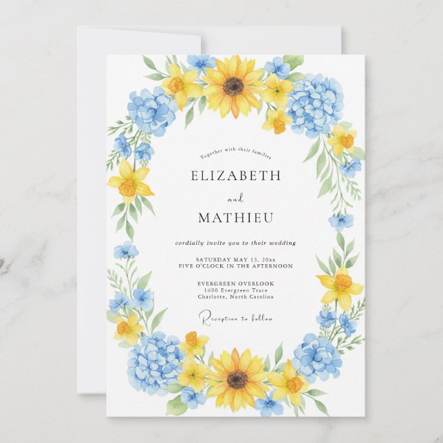 Invitation Couronne de mariage Tournesol Azur (Devant)