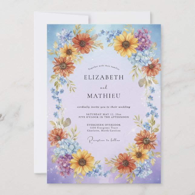 Invitation Couronne de mariage tournesol Myosotis (Devant)