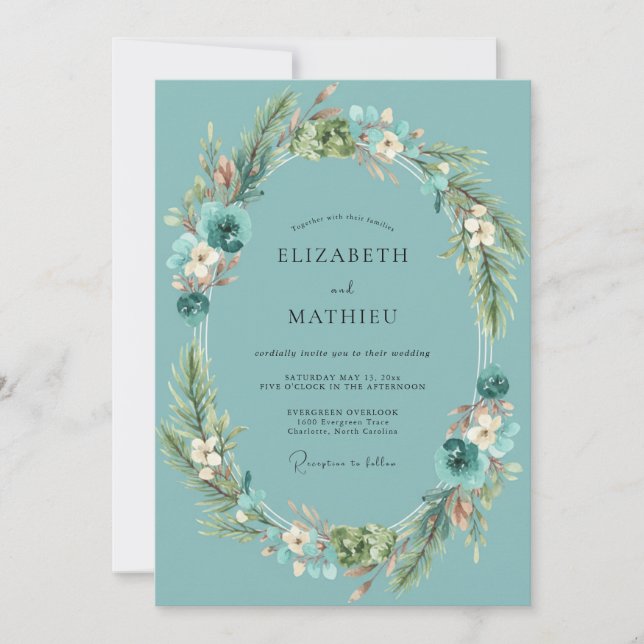 Invitation Couronne de mariage turquoise poussiéreuse (Devant)