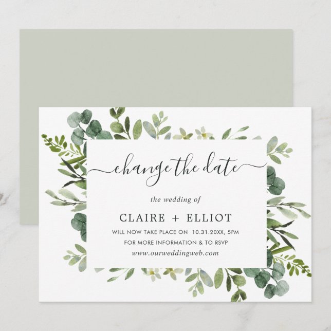 Invitation Couronne de mariage vert eucalyptus Changement de  (Devant / Derrière)