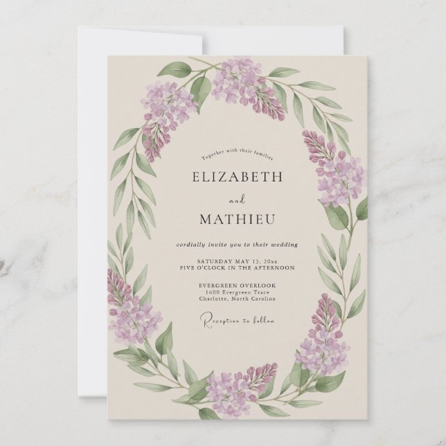 Invitation Couronne de mariage verte lavande (Devant)