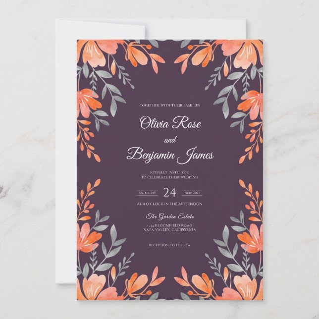 Invitation Couronne de mariage violet profond corail (Devant)