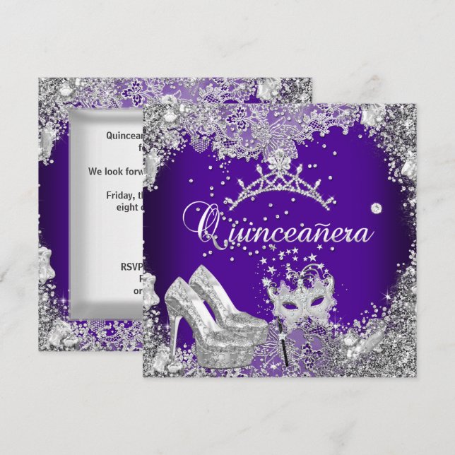 Invitation Couronne de masque argenté violet pour Quinceanera (Devant / Derrière)