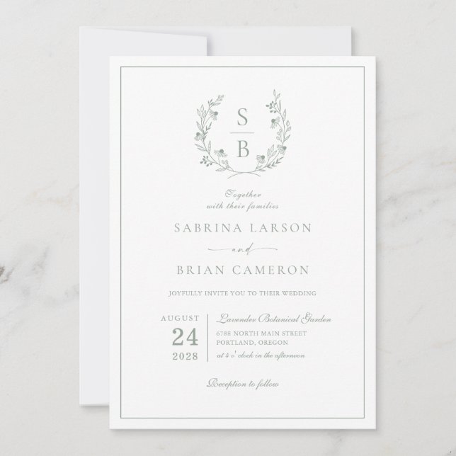 Invitation Couronne de monogramme botanique vert sauge Mariag (Devant)