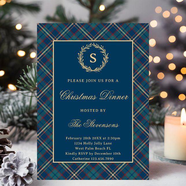 Invitation Couronne de monogramme classique Fête de Noël à ca (Créateur téléchargé)