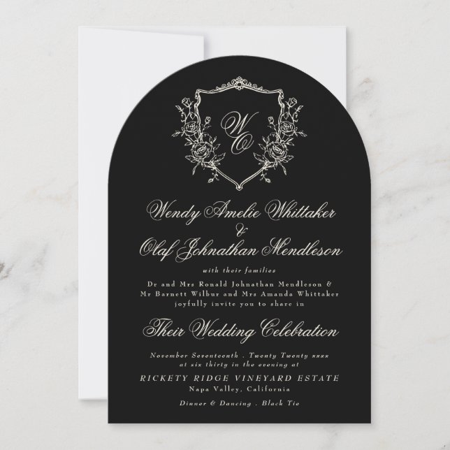 Invitation Couronne de monogramme classique noir et blanc pou (Devant)