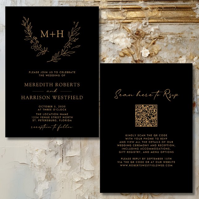 Invitation Couronne de monogramme Code QR Or sur fond noir Ma (Elegant Monogram Laurel Wreath QR Code Gold on Black Wedding Invitation)