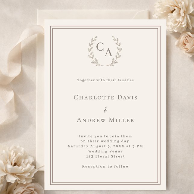 Invitation Couronne de monogramme de mariage simple taupe ivo (Créateur téléchargé)