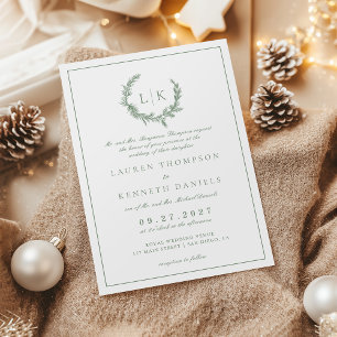 Invitation Couronne de Monogramme de Sapin Vert Sage pour Mar