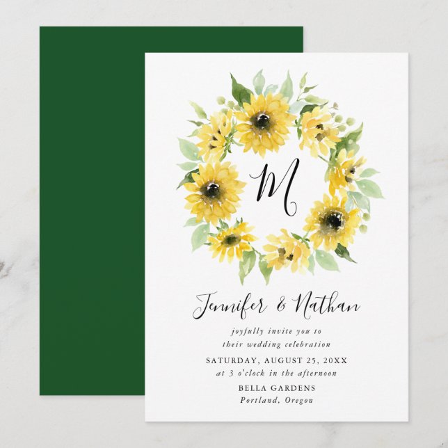 Invitation Couronne de monogramme de tournesols à l'aquarelle (Devant / Derrière)