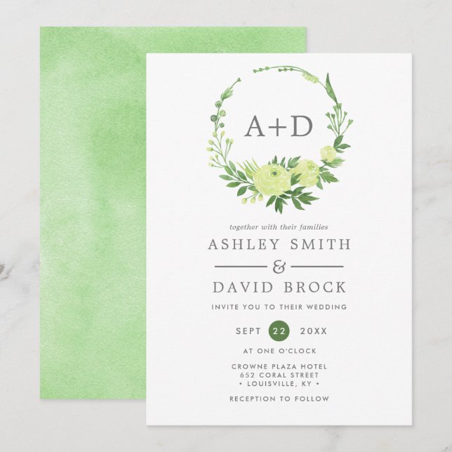 Invitation Couronne de monogramme de verdure à l'aquarelle po (Devant / Derrière)