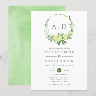 Invitation Couronne de monogramme de verdure à l'aquarelle po