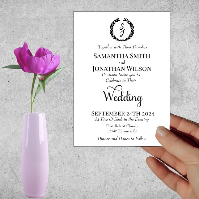 Invitation Couronne De Monogramme élégant Noir Mariage Blanc (Créateur téléchargé)