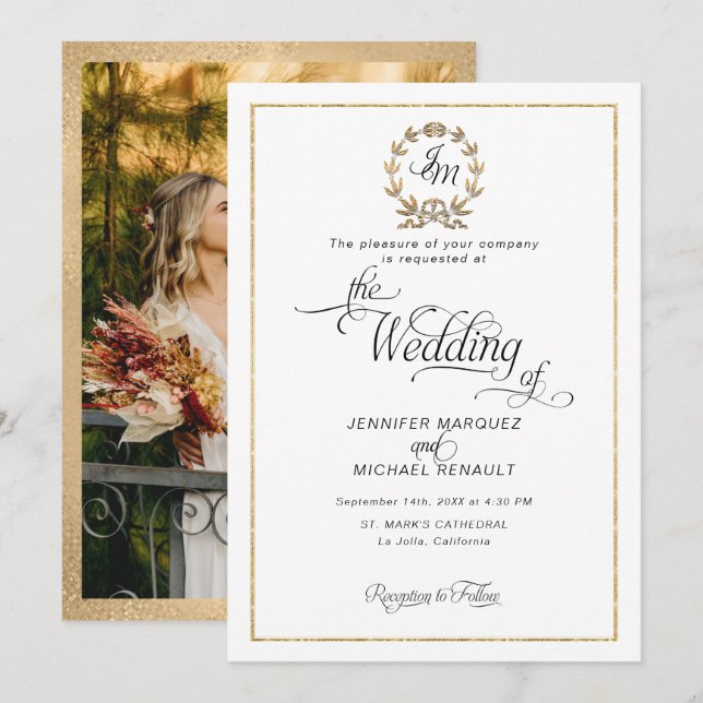 Invitation Couronne de monogramme élégante en or pour photo d (Devant / Derrière)