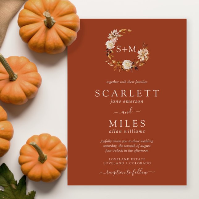 Invitation Couronne de monogramme en terre cuite automne Mari (Terracotta Fall Terracotta Monogram Wreath Wedding Invitation by Painted Paperie
)