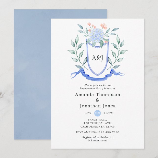Invitation Couronne de monogramme floral pour la fête de fian (Devant / Derrière)