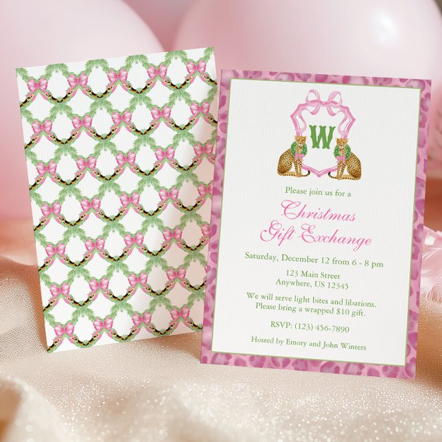 Invitation Couronne de monogramme léopard rose aquarelle pour (Créateur téléchargé)