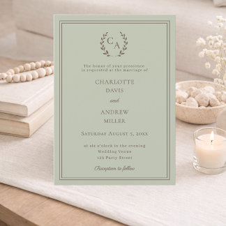Invitation Couronne de monogramme simple mariage vert sauge t