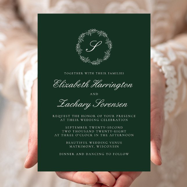 Invitation Couronne de monogramme vert émeraude Mariage écrit (Créateur téléchargé)