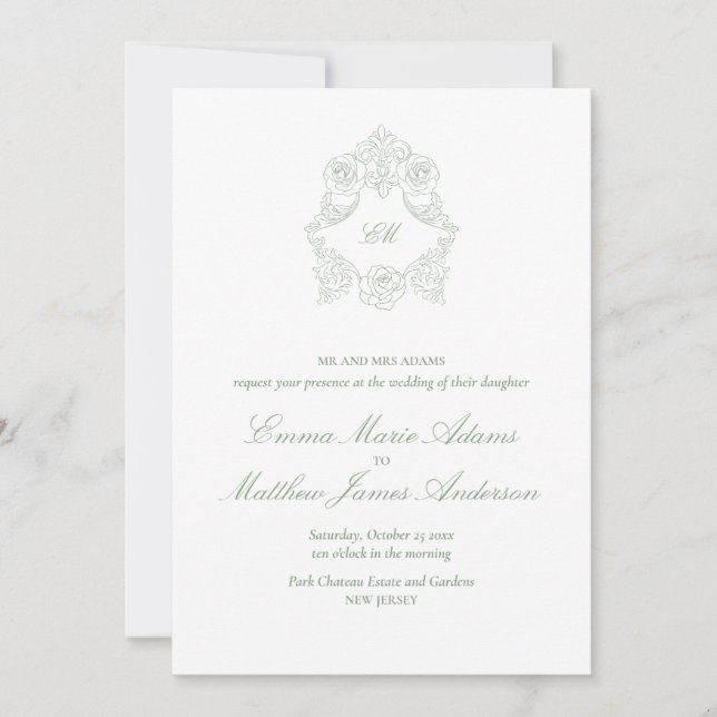Invitation Couronne de monogramme vert sauge mariage classiqu (Devant)