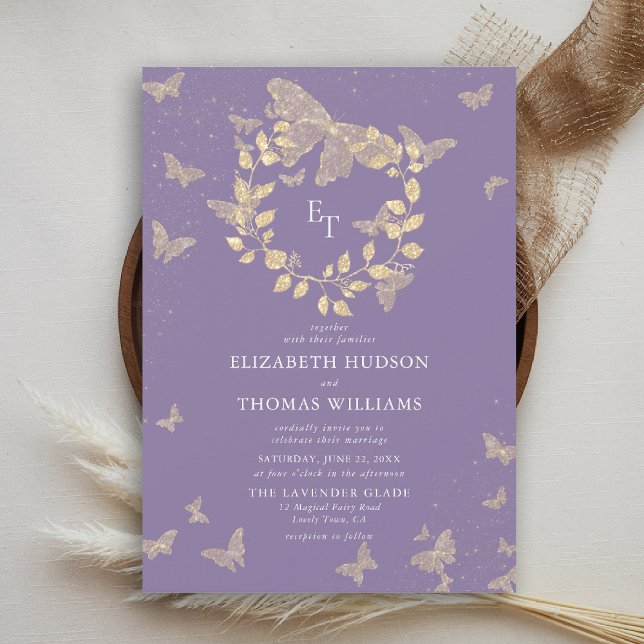 Invitation Couronne de monogrammes papillon lavande or mariag (butterfly wedding invitation lavender purple gold eucalyptus elegant modern classic romantic)
