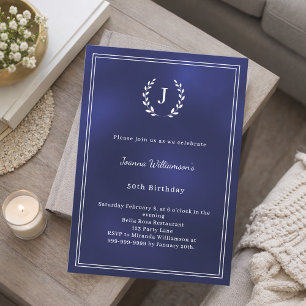 Invitation Couronne de naissance à monogramme blanc bleu mari