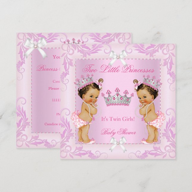 Invitation Couronne de Naissance Jumeaux Princesse Perles Ros (Devant / Derrière)