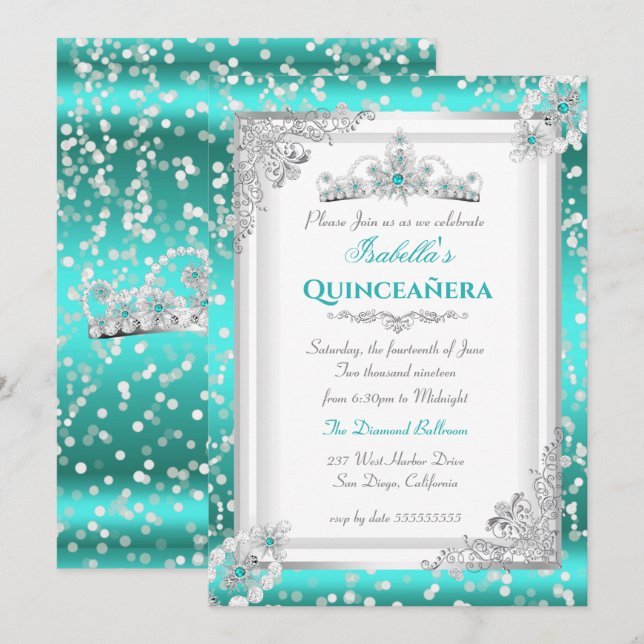 Invitation Couronne de neige argentée et bleu sarcelle pour Q (Devant / Derrière)