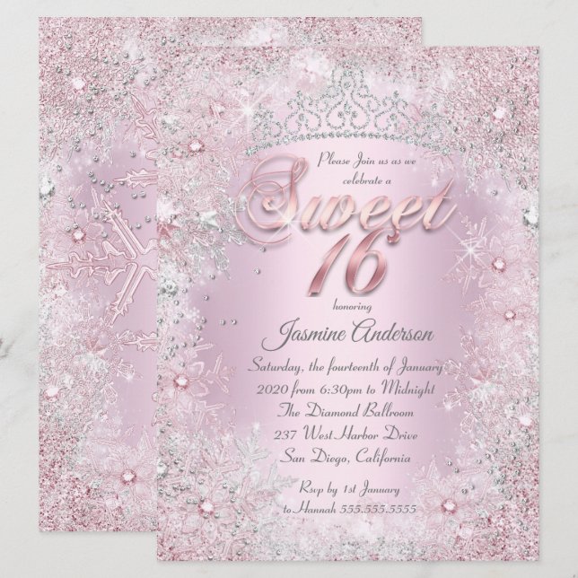 Invitation Couronne de neige rose argentée Sweet 16 (Devant / Derrière)