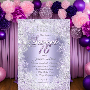 Invitation Couronne de neige violette argentée Sweet 16
