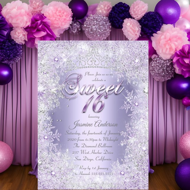 Invitation Couronne de neige violette argentée Sweet 16 (Créateur téléchargé)