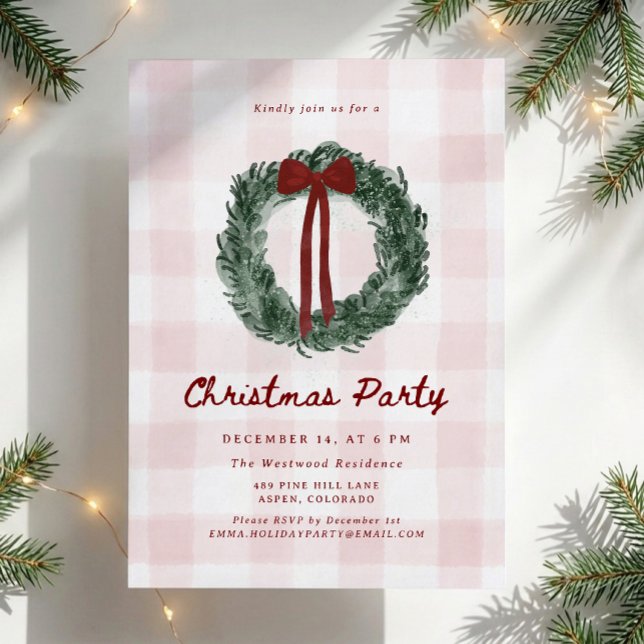 Invitation Couronne de Noël à l'aquarelle en vichy rose  (Créateur téléchargé)