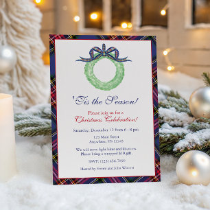 Invitation Couronne de Noël à ruban à carreaux à l'aquarelle 