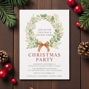Invitation Couronne de Noël à ruban rouge aquarelle