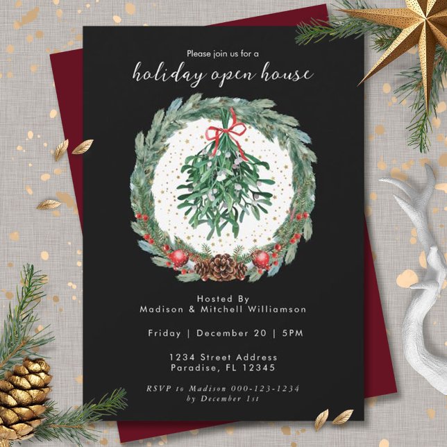 Invitation Couronne de Noël aquarelle rustique avec gui  (Créateur téléchargé)