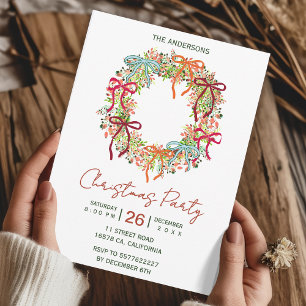 Invitation Couronne de Noël avec noeud dessinée à la main nou