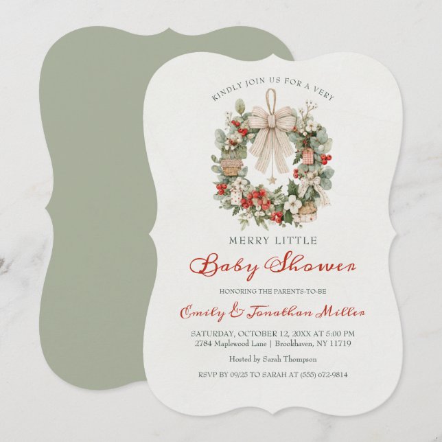 Invitation Couronne de Noël Bébé Shower Joyeux (Devant / Derrière)