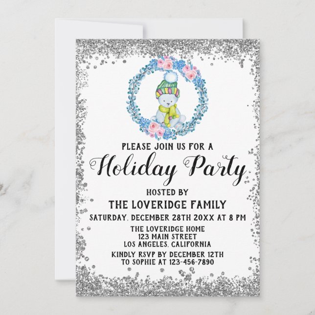 Invitation Couronne de Noël Bleu Hiver Fête Argent (Devant)