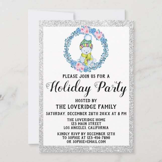Invitation Couronne de Noël Bleu Hiver Fête de Noël Argent (Devant)