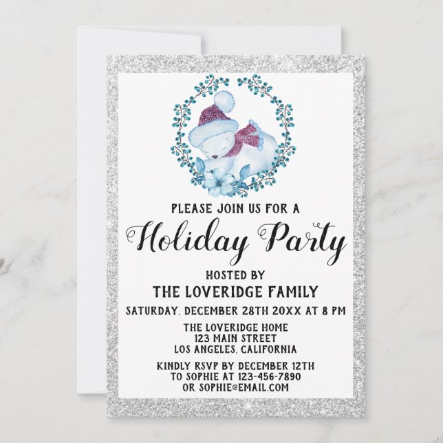 Invitation Couronne de Noël Bleu Hiver Fête de Noël Argent (Devant)
