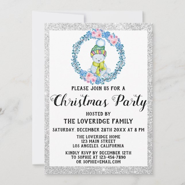 Invitation Couronne de Noël bleue argentée pour fête de Noël  (Devant)