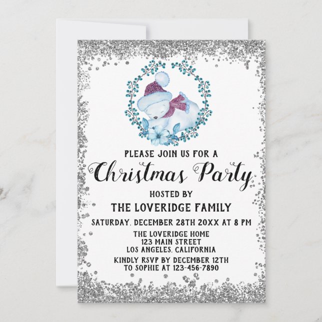 Invitation Couronne de Noël bleue d'hiver argentée pour fête  (Devant)
