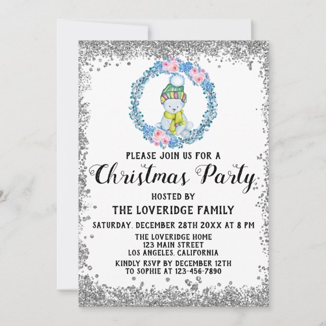 Invitation Couronne de Noël bleue hivernale argentée pour fêt (Devant)