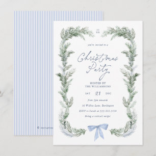 Invitation Couronne de Noël botanique au ruban bleu pour une