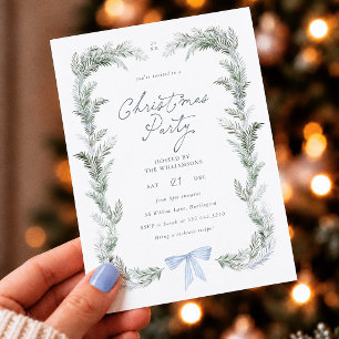 Invitation Couronne de Noël botanique au ruban bleu pour une
