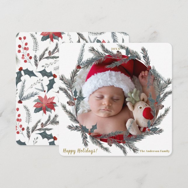 Invitation Couronne de Noël de pin botanique d'hiver pour pho (Devant / Derrière)