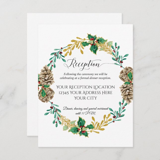 Invitation Couronne de Noël en or pour réception de mariage (Devant / Derrière)