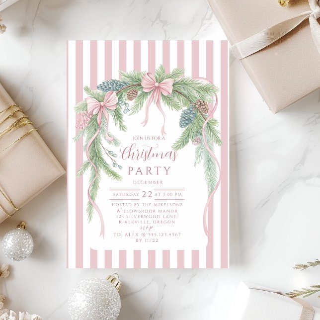 Invitation Couronne de Noël en pin ruban rose (Créateur téléchargé)