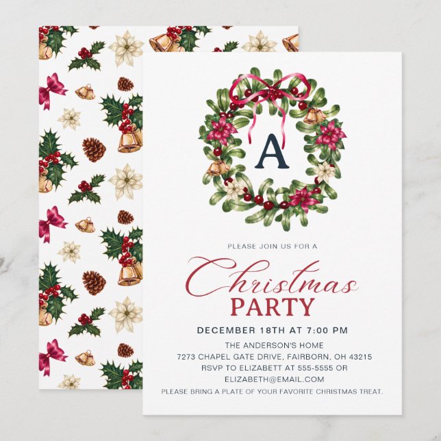 Invitation Couronne de Noël festive aquarelle pour fête (Devant / Derrière)