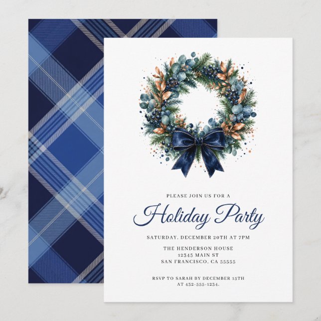 Invitation Couronne de Noël festive bleue pour la fête des Fê (Devant / Derrière)